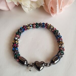 Betsy Johnson Bracelet Multicolor Crystal Beaded Gunmetal Magnetic Heart Closure